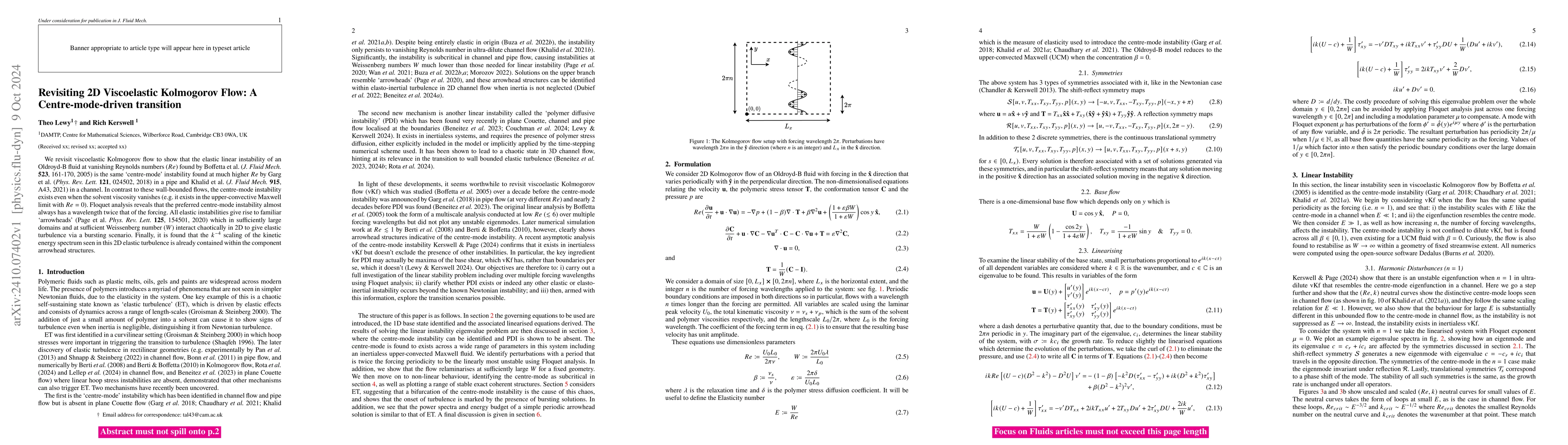 Thumbnail for Revisiting 2D Viscoelastic Kolmogorov Flow: A Centre-mode-driven
  transition