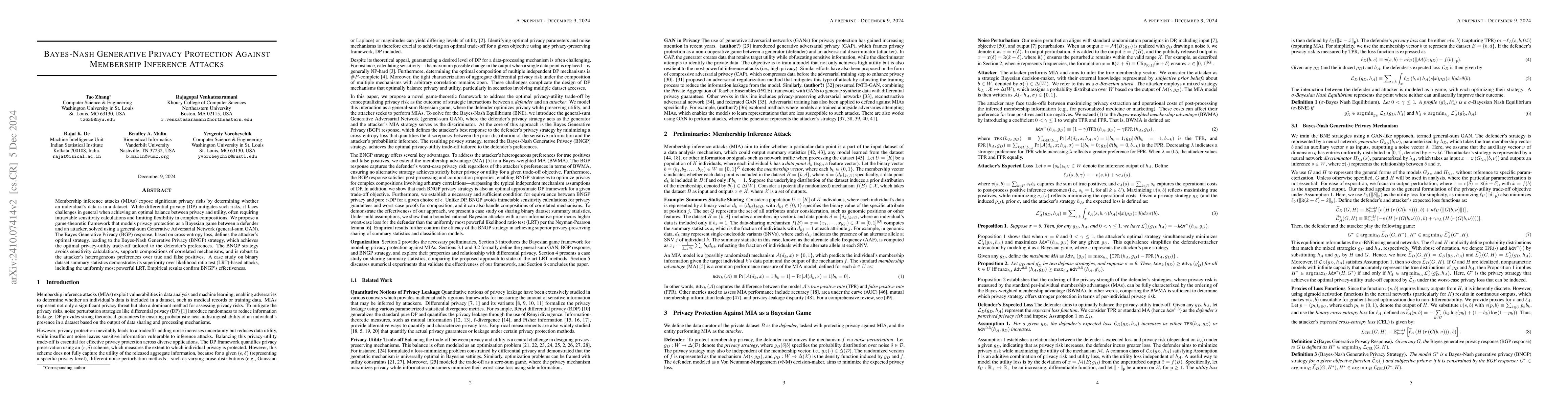 Thumbnail for Bayes-Nash Generative Privacy Protection Against Membership Inference
  Attacks