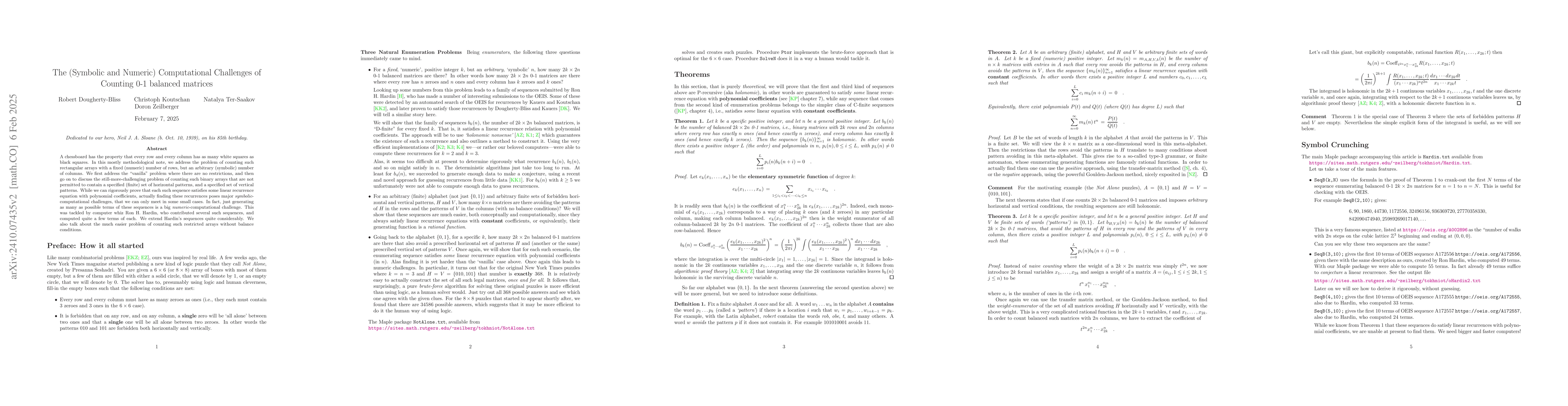 Thumbnail for The (Symbolic and Numeric) Computational Challenges of Counting 0-1
  Balanced Matrices