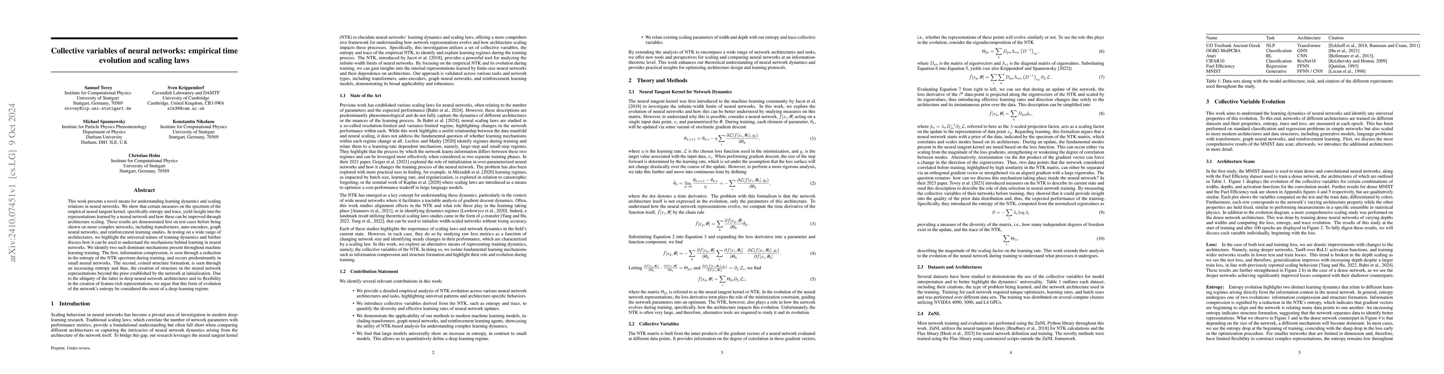 Thumbnail for Collective variables of neural networks: empirical time evolution and
  scaling laws