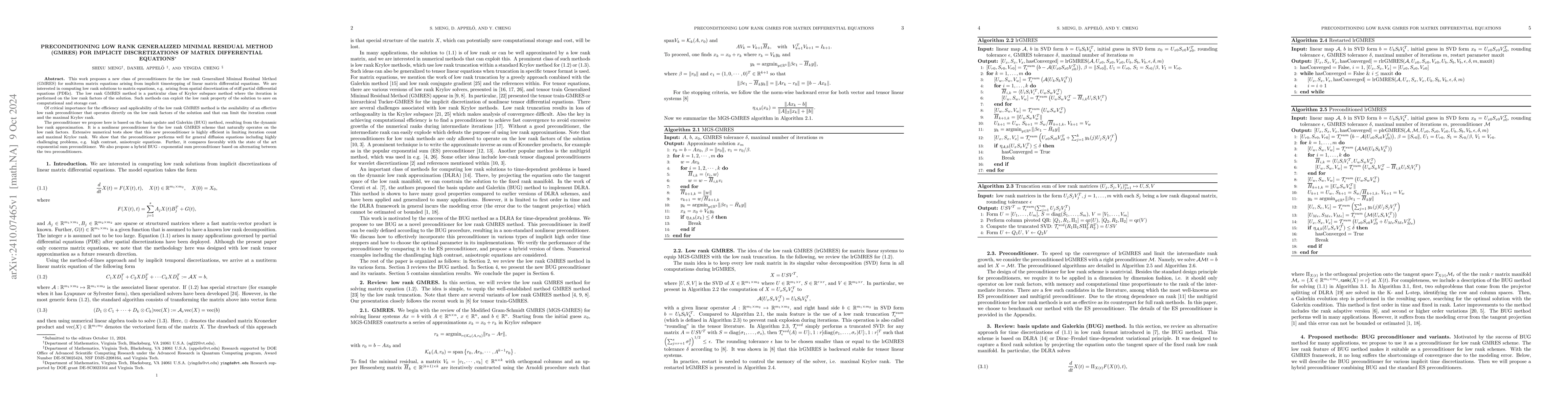 Thumbnail for Preconditioning Low Rank Generalized Minimal Residual Method (GMRES) for
  Implicit Discretizations of Matrix Differential Equations