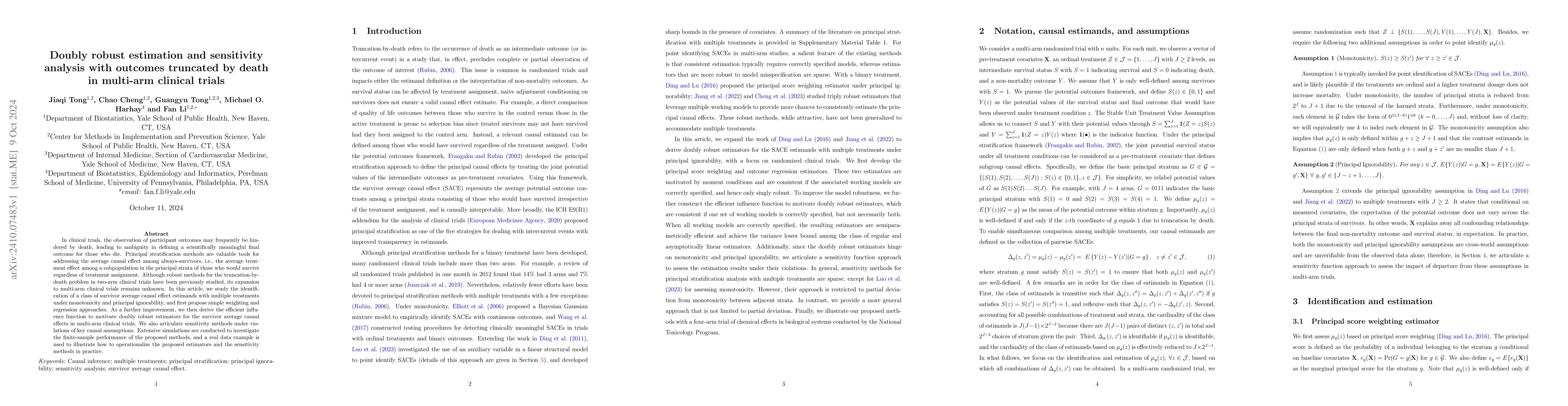 Thumbnail for Doubly robust estimation and sensitivity analysis with outcomes
  truncated by death in multi-arm clinical trials