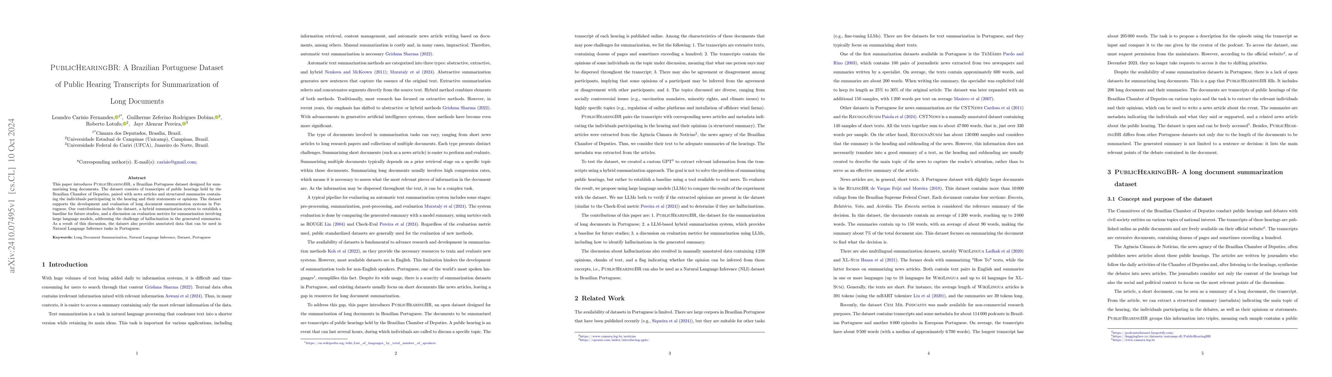 Thumbnail for PublicHearingBR: A Brazilian Portuguese Dataset of Public Hearing
  Transcripts for Summarization of Long Documents