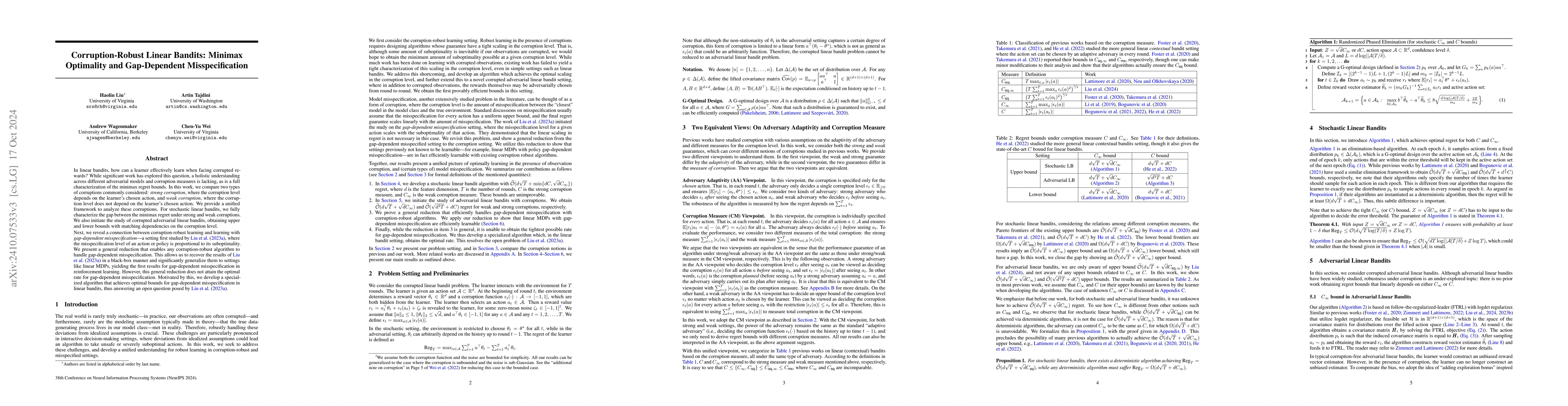 Thumbnail for Corruption-Robust Linear Bandits: Minimax Optimality and Gap-Dependent
  Misspecification