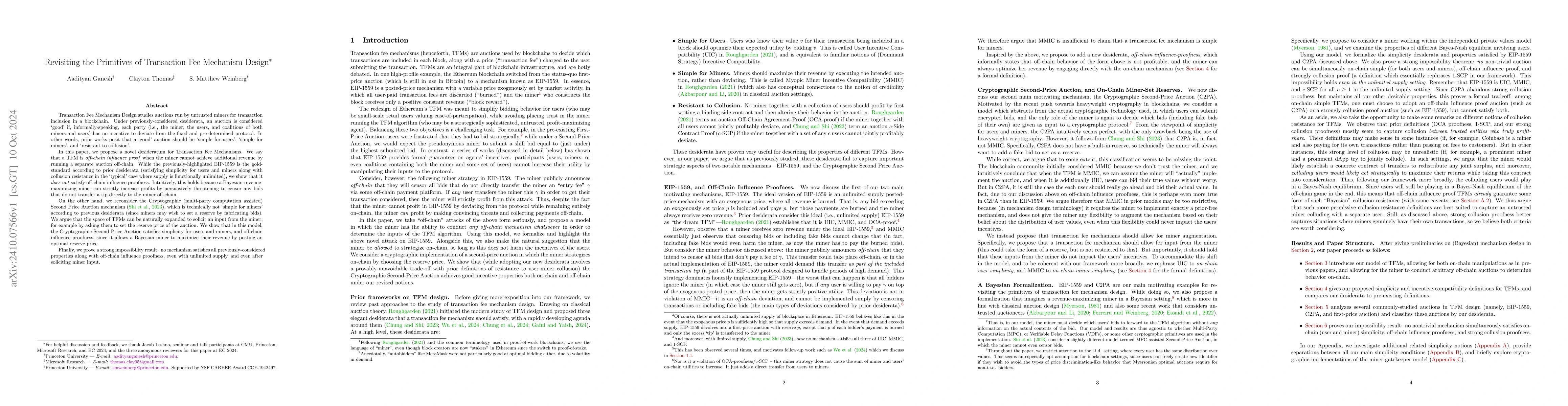 Thumbnail for Revisiting the Primitives of Transaction Fee Mechanism Design