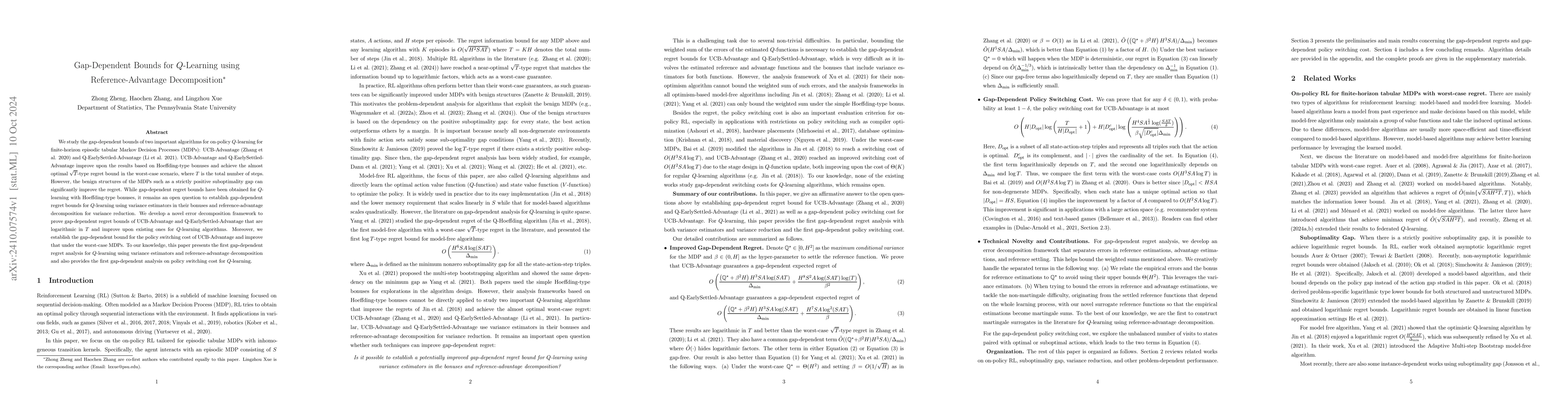 Thumbnail for Gap-Dependent Bounds for Q-Learning using Reference-Advantage
  Decomposition