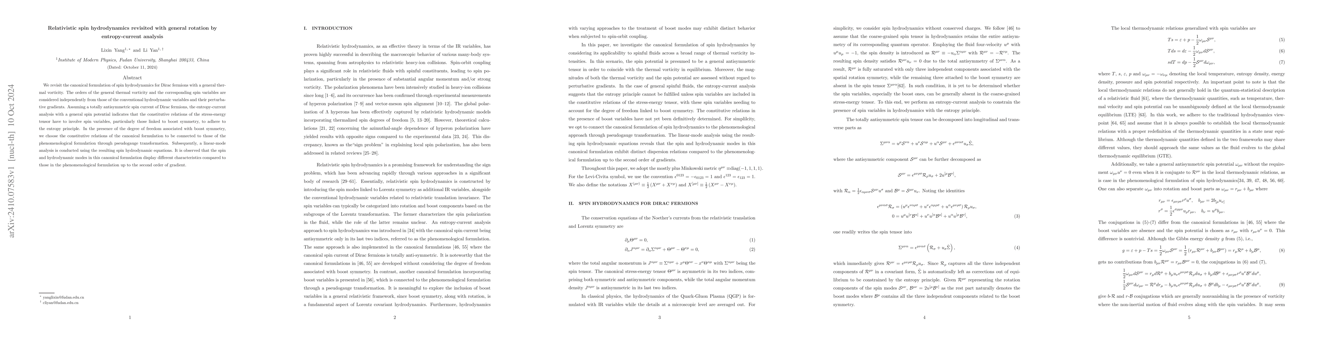 Thumbnail for Relativistic spin hydrodynamics revisited with general rotation by
  entropy-current analysis
