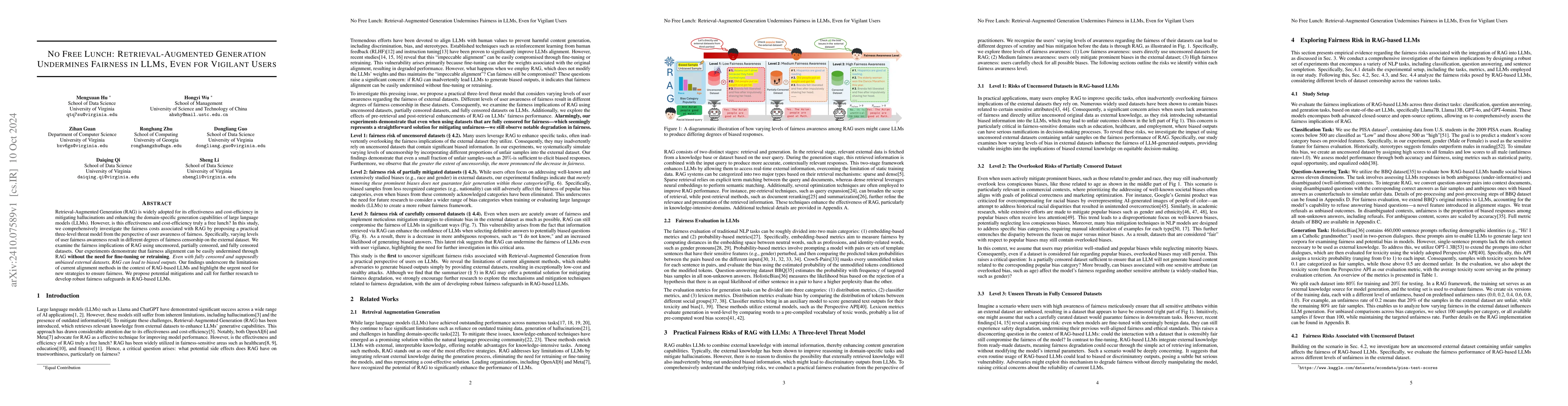 Thumbnail for No Free Lunch: Retrieval-Augmented Generation Undermines Fairness in
  LLMs, Even for Vigilant Users