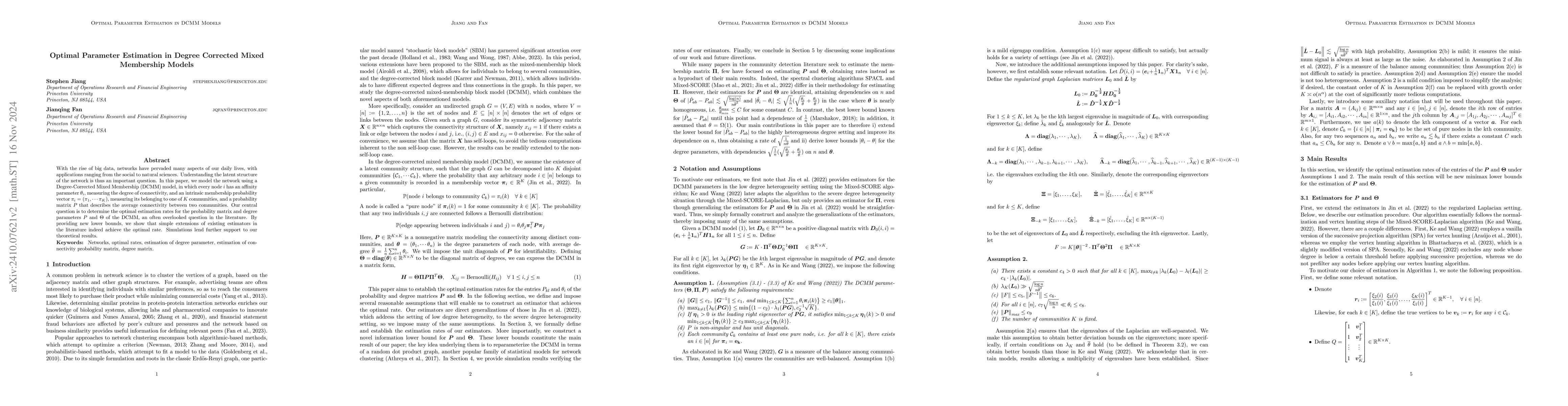 Thumbnail for Optimal Estimation of Parameters in Degree Corrected Mixed Membership
  Models