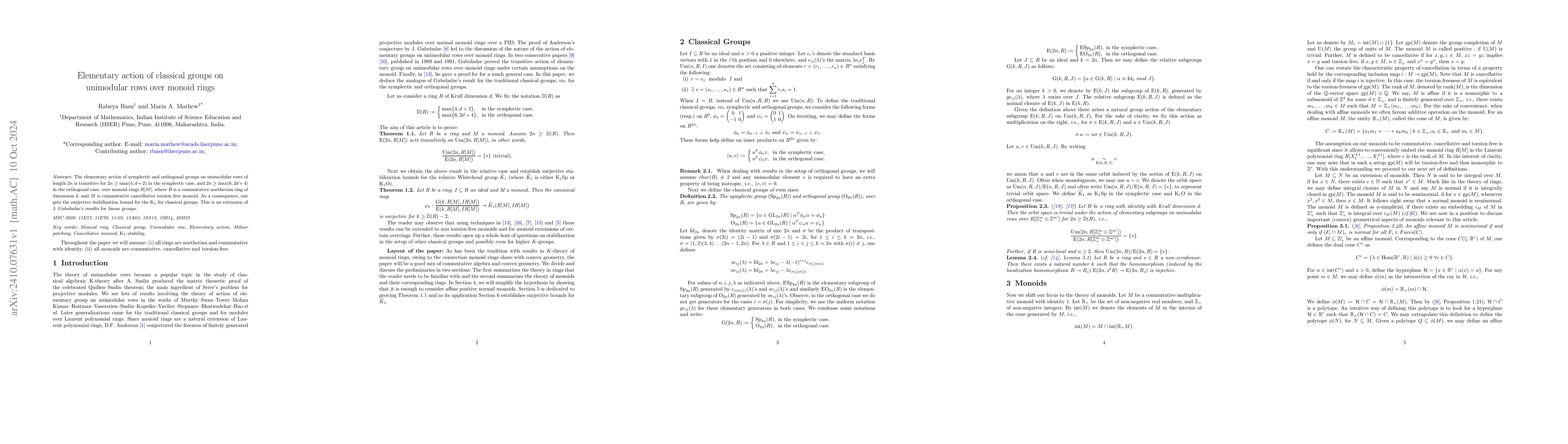 Thumbnail for Elementary Action of Classical Groups on Unimodular Rows Over Monoid
  Rings
