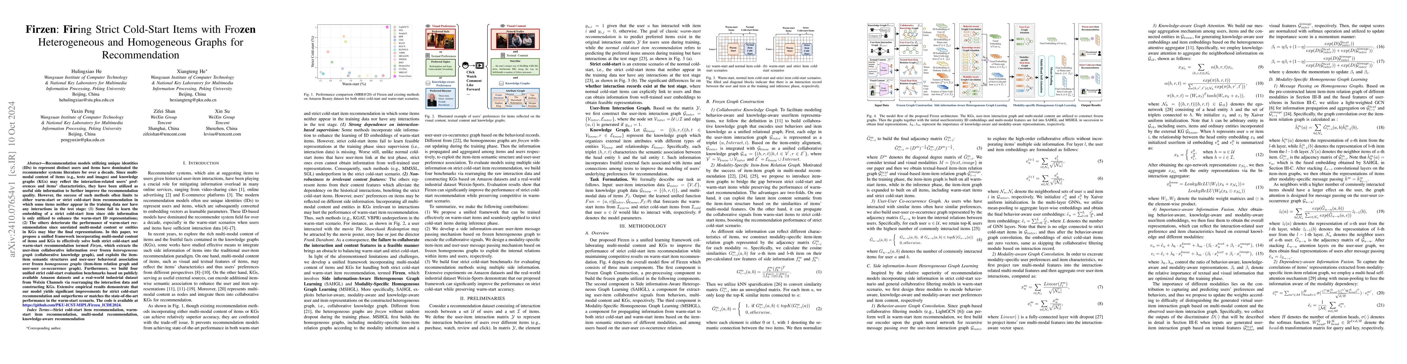 Thumbnail for Firzen: Firing Strict Cold-Start Items with Frozen Heterogeneous and
  Homogeneous Graphs for Recommendation