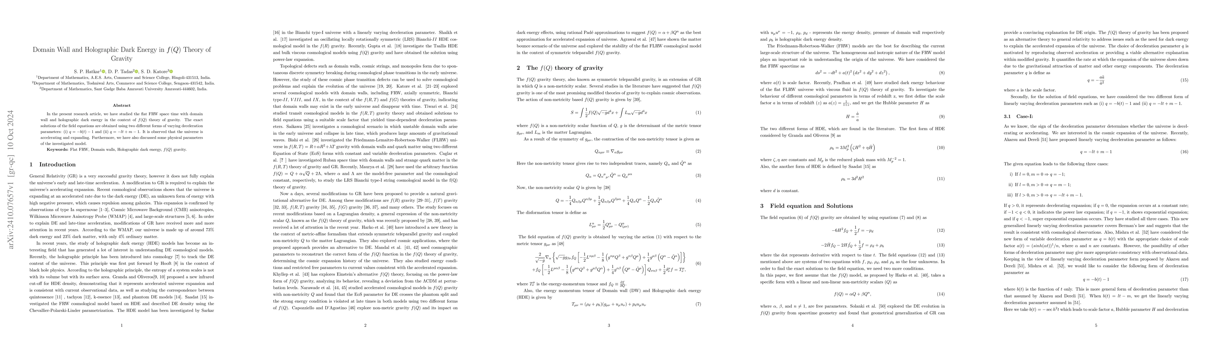 Thumbnail for Domain Wall and Holographic Dark Energy in $f(Q)$ Theory of Gravity