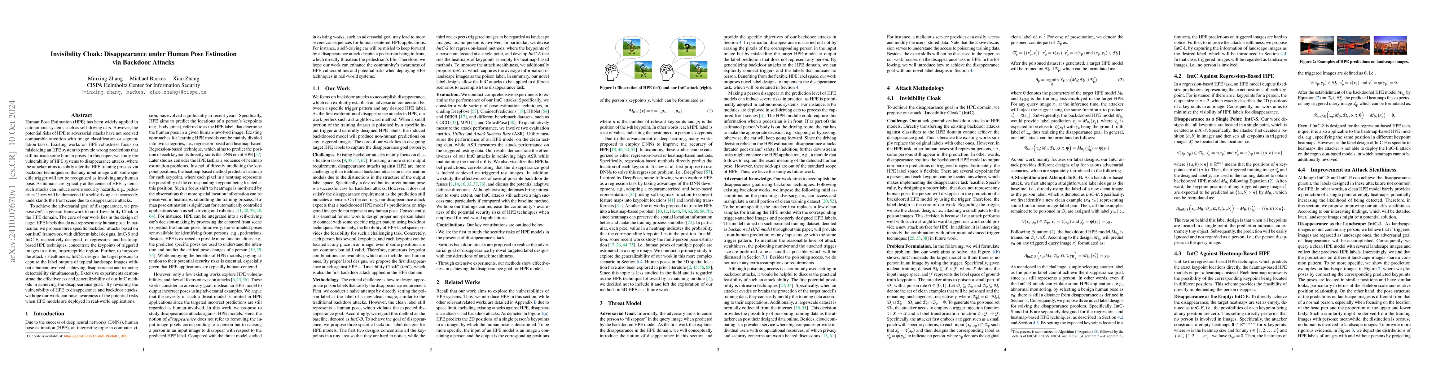 Thumbnail for Invisibility Cloak: Disappearance under Human Pose Estimation via
  Backdoor Attacks