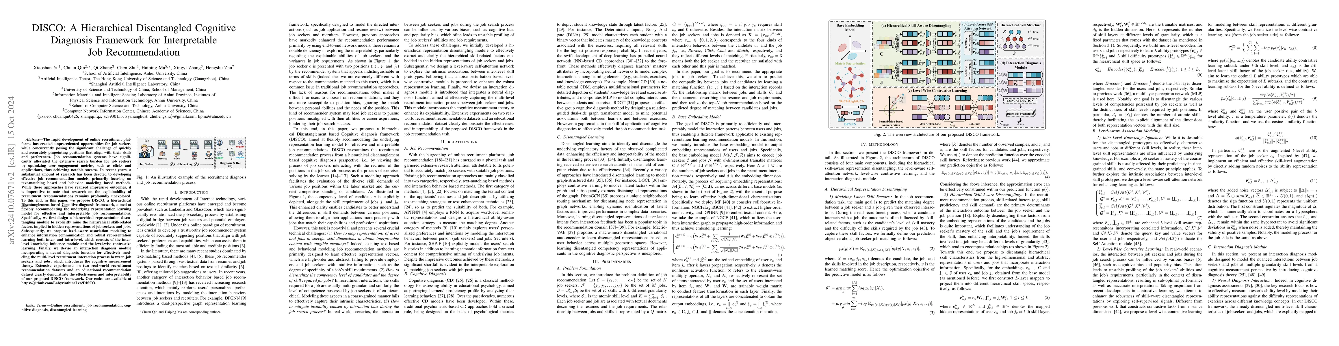 Thumbnail for DISCO: A Hierarchical Disentangled Cognitive Diagnosis Framework for
  Interpretable Job Recommendation