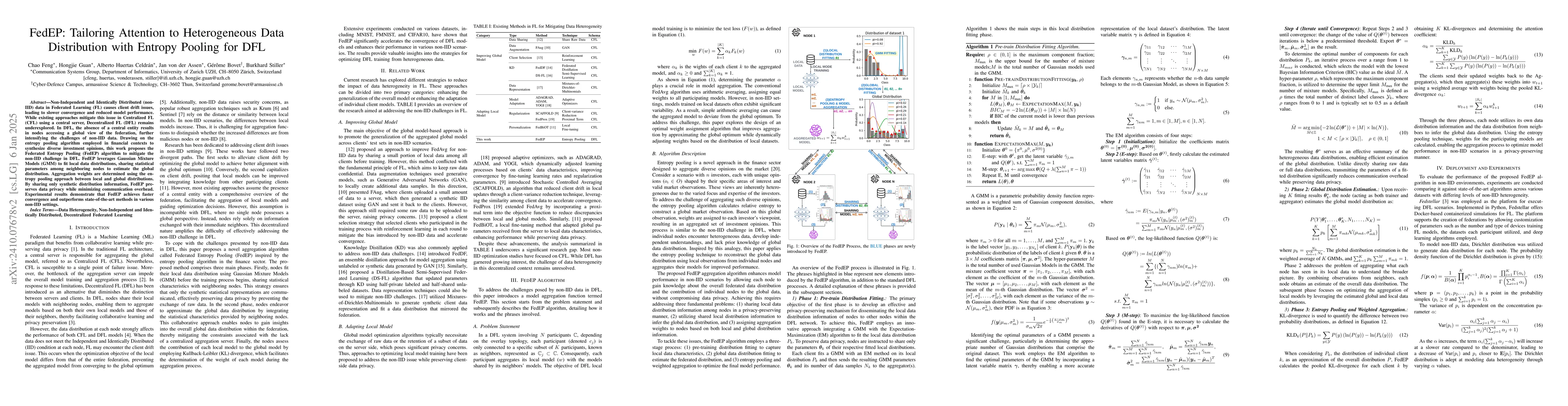 Thumbnail for FedEP: Tailoring Attention to Heterogeneous Data Distribution with
  Entropy Pooling for Decentralized Federated Learning