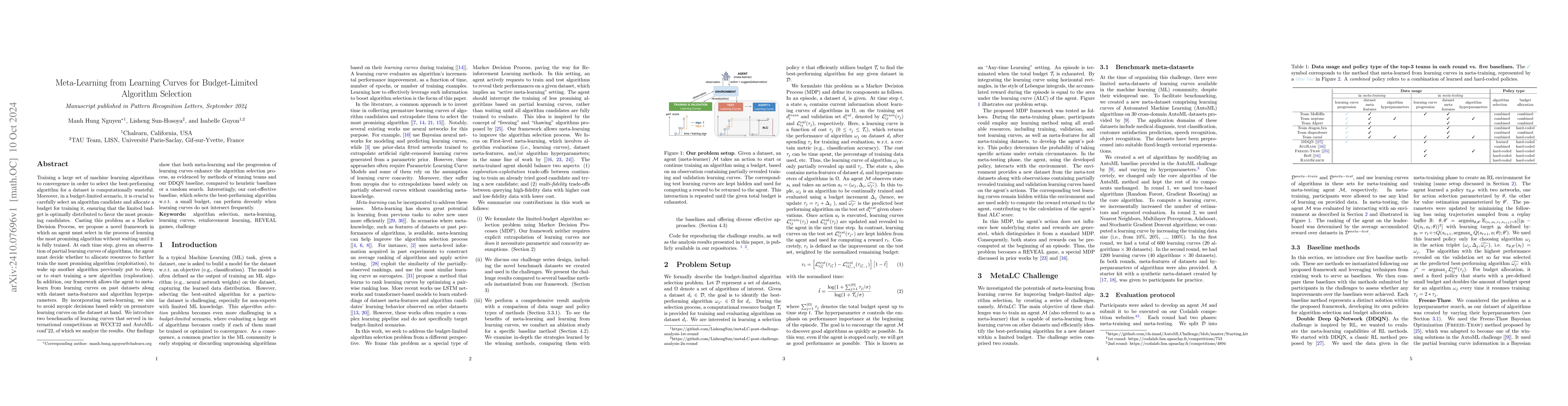 Thumbnail for Meta-Learning from Learning Curves for Budget-Limited Algorithm
  Selection