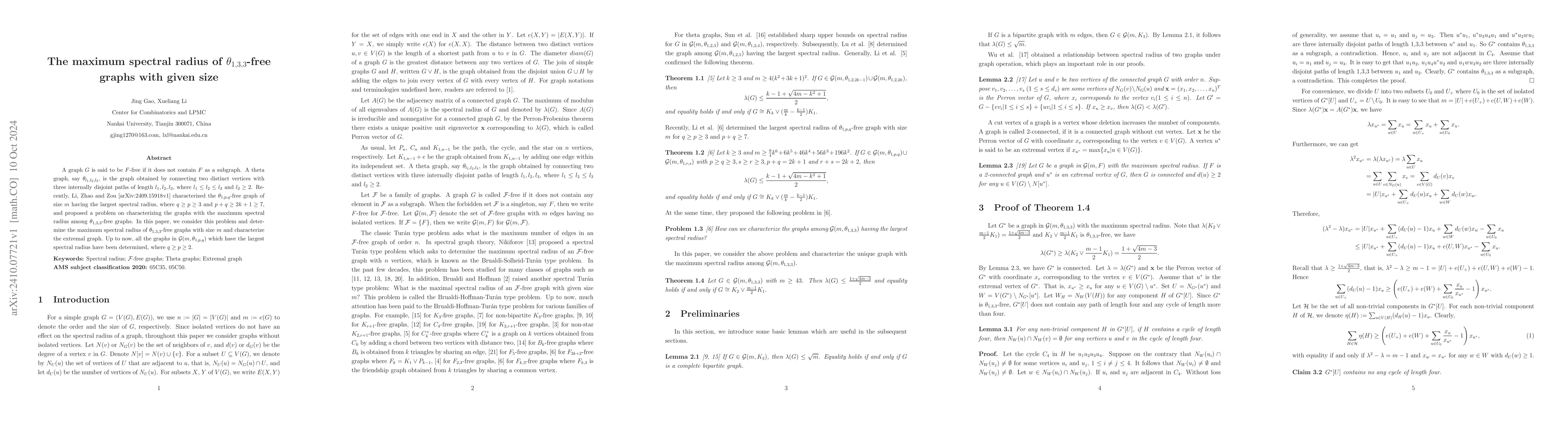 Thumbnail for The maximum spectral radius of $θ_{1,3,3}$-free graphs with given
  size