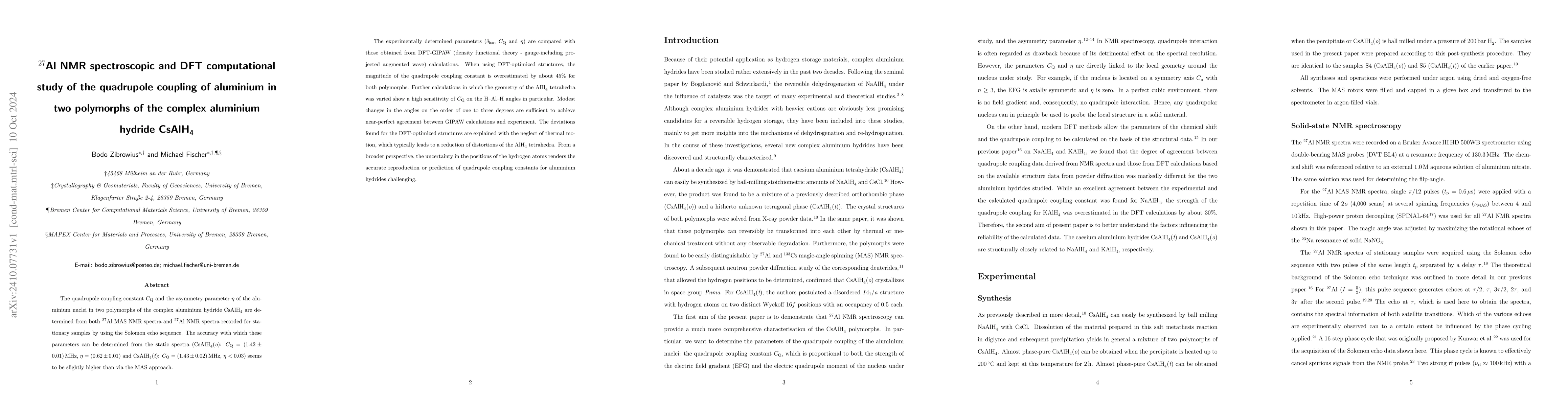 Thumbnail for $^{27}$Al NMR spectroscopic and DFT computational study of the
  quadrupole coupling of aluminium in two polymorphs of the complex aluminium
  hydride CsAlH4