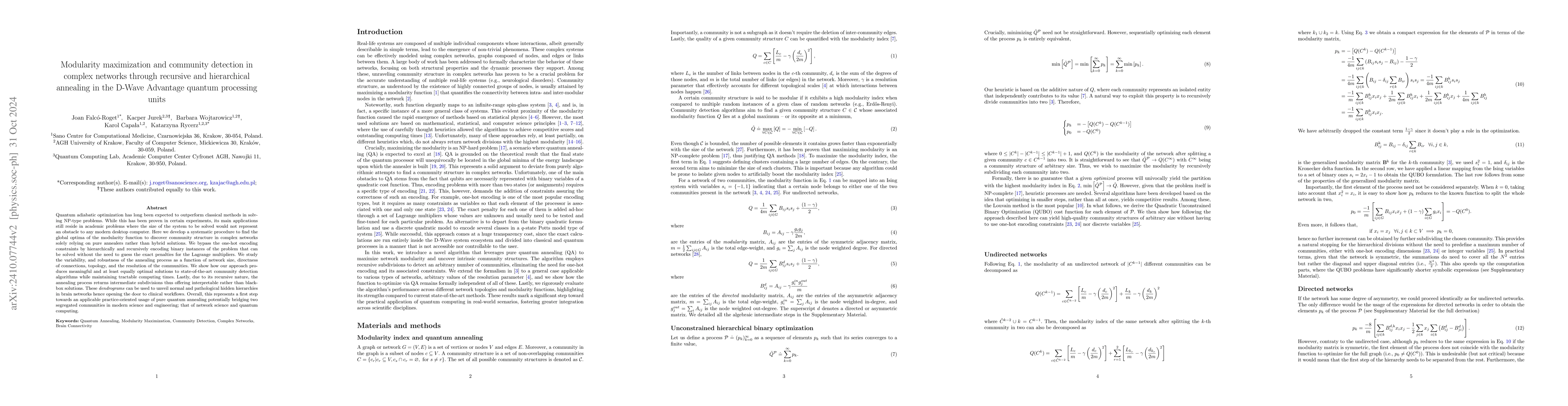 Thumbnail for Modularity maximization and community detection in complex networks
  through recursive and hierarchical annealing in the D-Wave Advantage quantum
  processing units