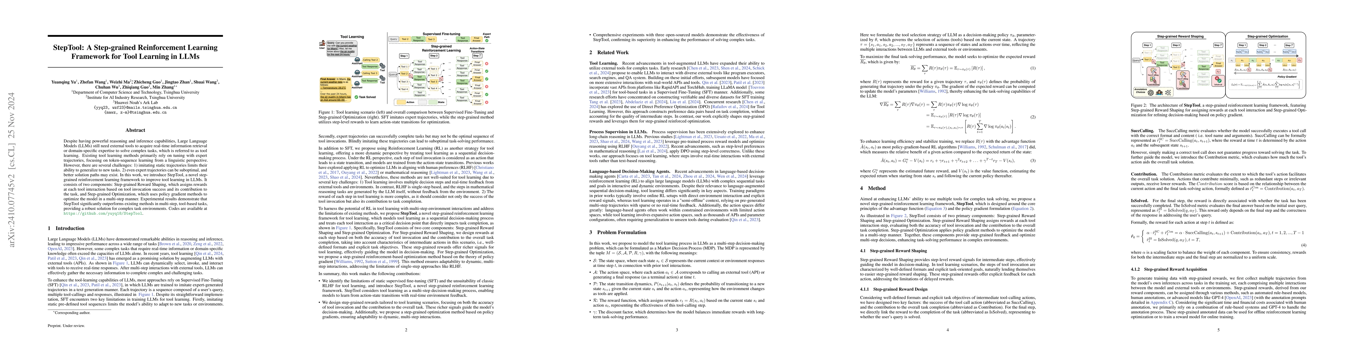 Thumbnail for StepTool: A Step-grained Reinforcement Learning Framework for Tool
  Learning in LLMs