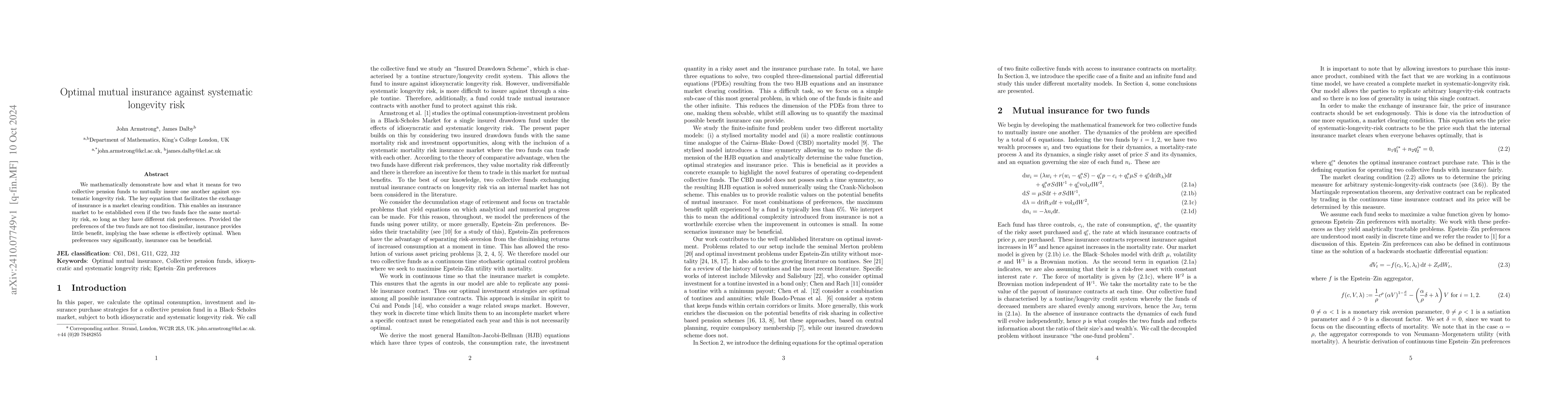Thumbnail for Optimal mutual insurance against systematic longevity risk
