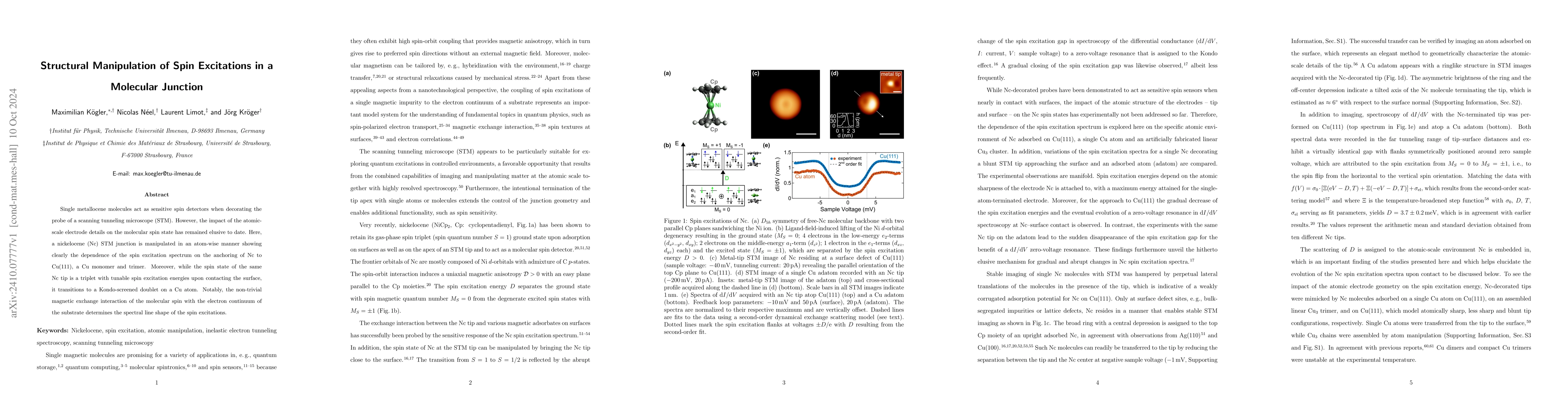 Thumbnail for Structural Manipulation of Spin Excitations in a Molecular Junction