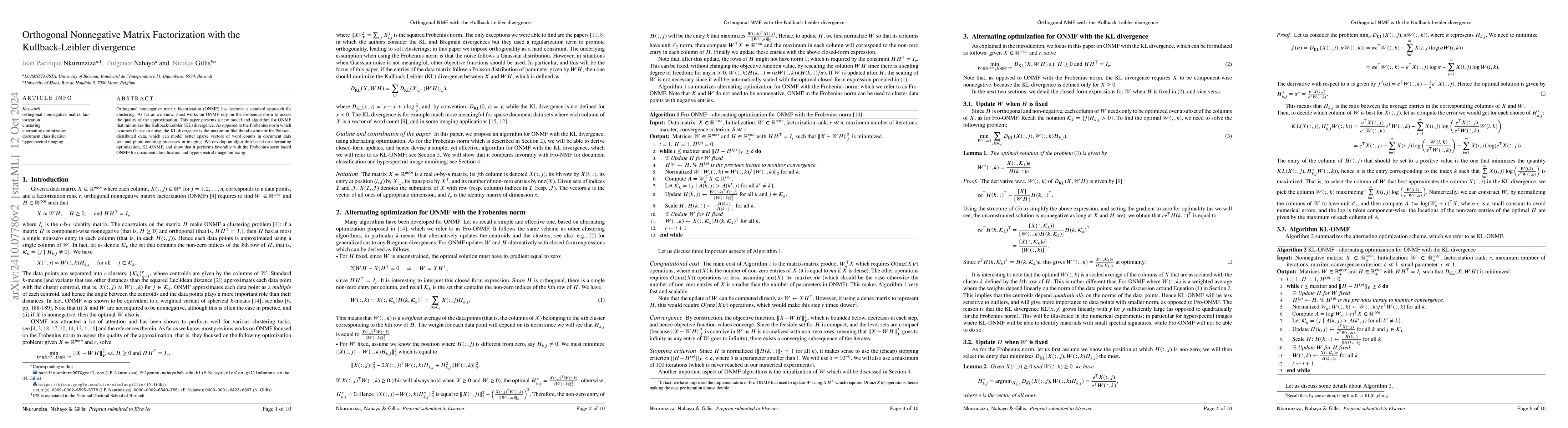 Thumbnail for Orthogonal Nonnegative Matrix Factorization with the Kullback-Leibler
  divergence