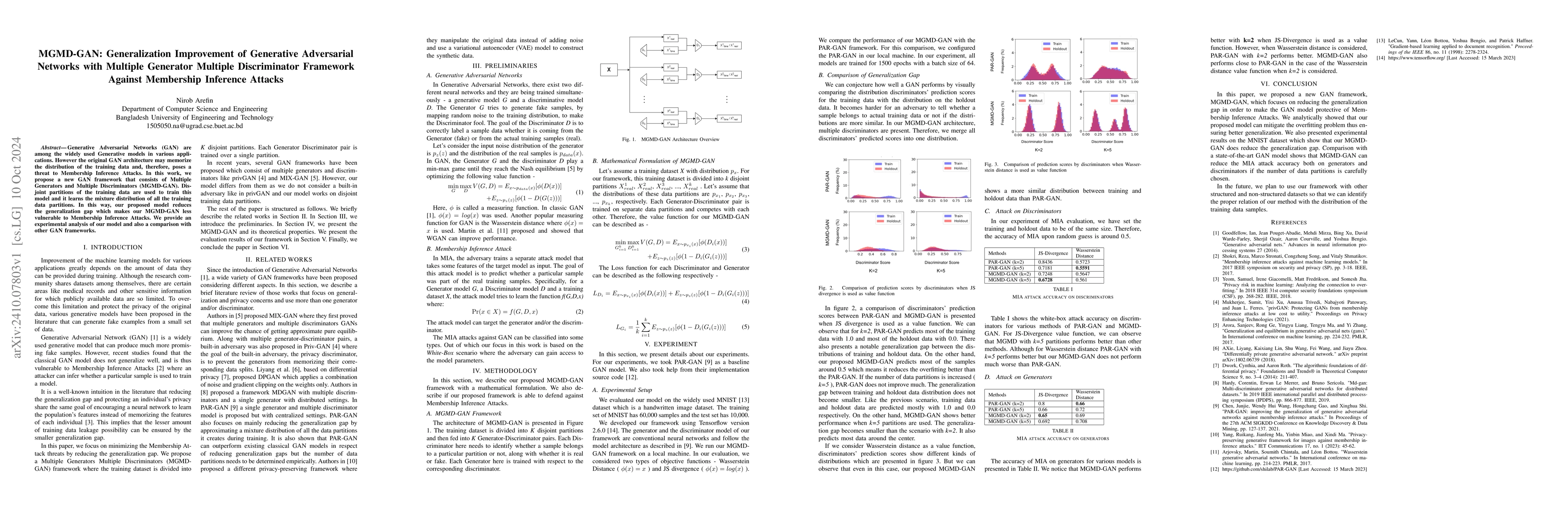 Thumbnail for MGMD-GAN: Generalization Improvement of Generative Adversarial Networks
  with Multiple Generator Multiple Discriminator Framework Against Membership
  Inference Attacks