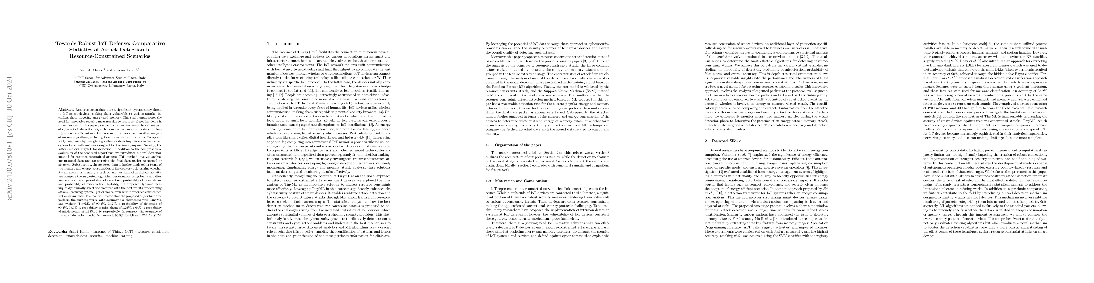 Thumbnail for Towards Robust IoT Defense: Comparative Statistics of Attack Detection
  in Resource-Constrained Scenarios