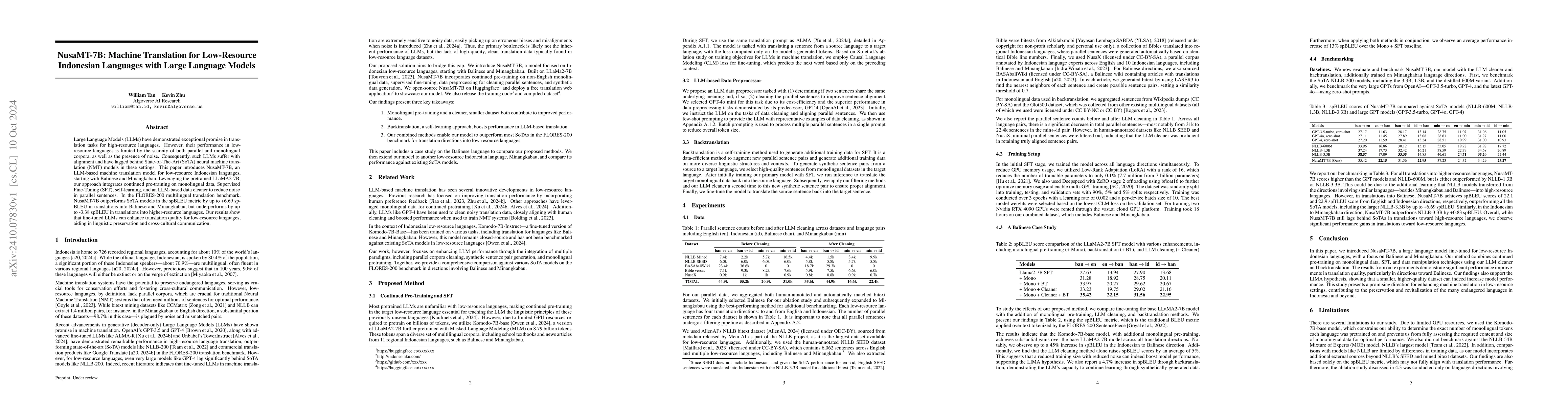 Thumbnail for NusaMT-7B: Machine Translation for Low-Resource Indonesian Languages
  with Large Language Models