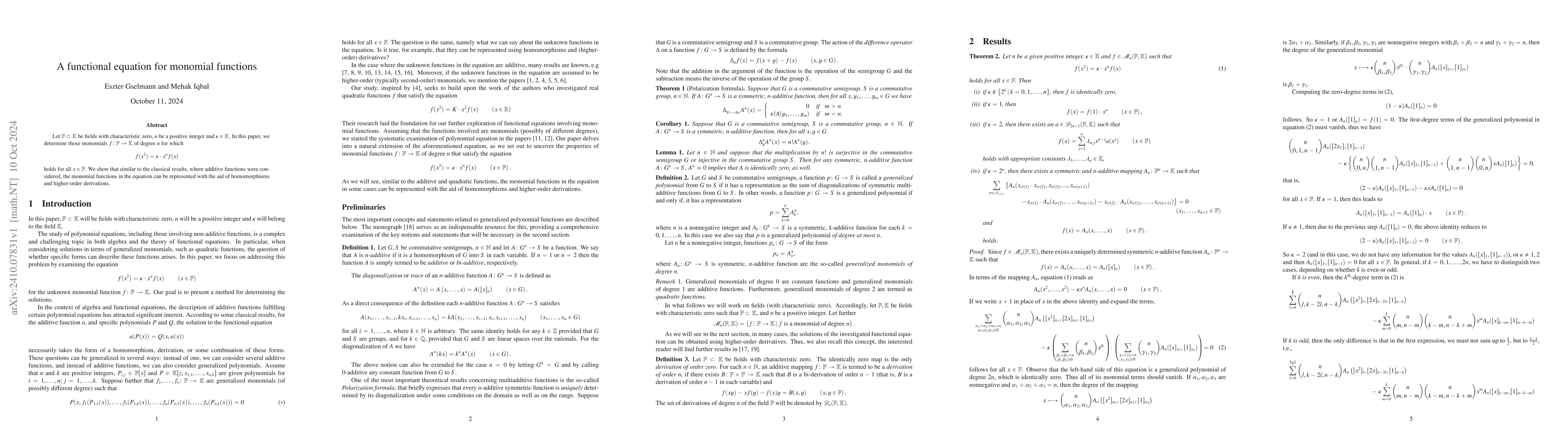 Thumbnail for A functional equation for monomial functions