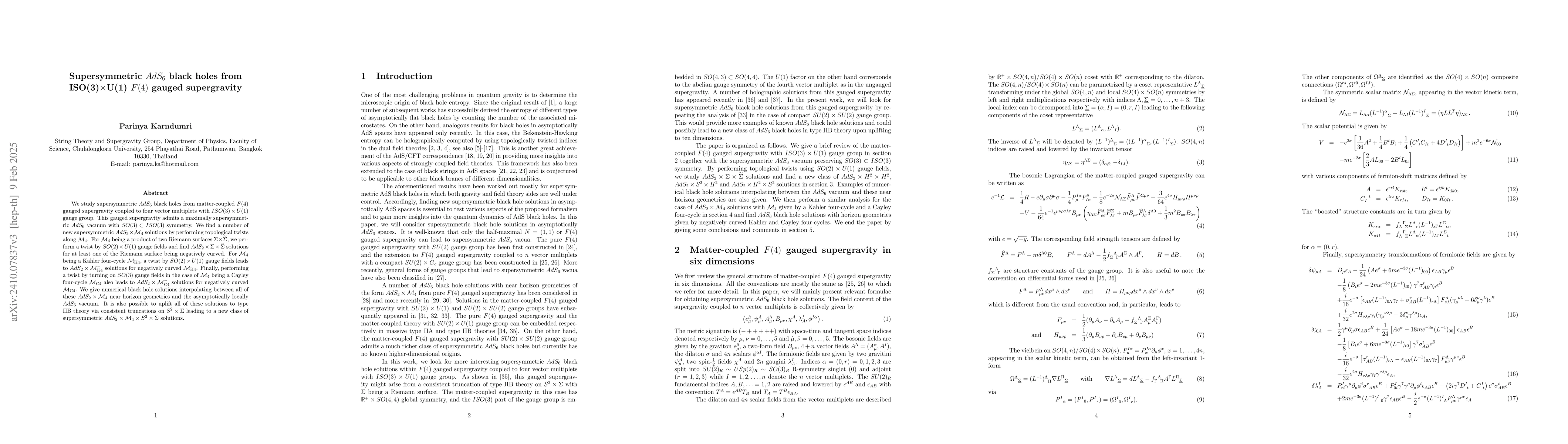 Thumbnail for Supersymmetric AdS$_6$ black holes from ISO(3)xU(1) F(4) gauged
  supergravity