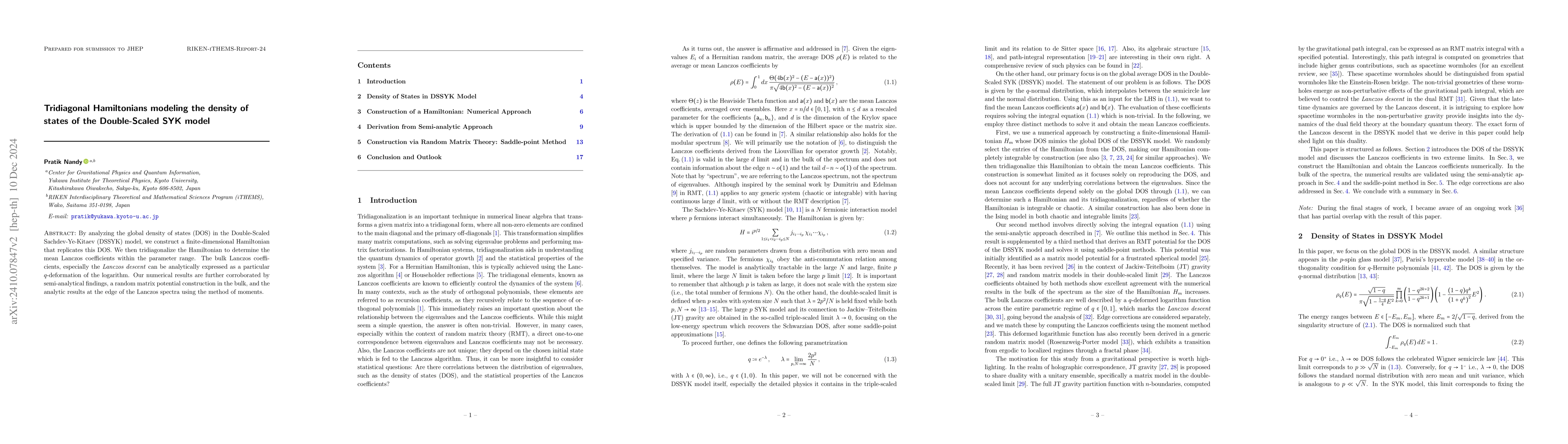 Thumbnail for Tridiagonal Hamiltonians modeling the density of states of the
  Double-Scaled SYK model