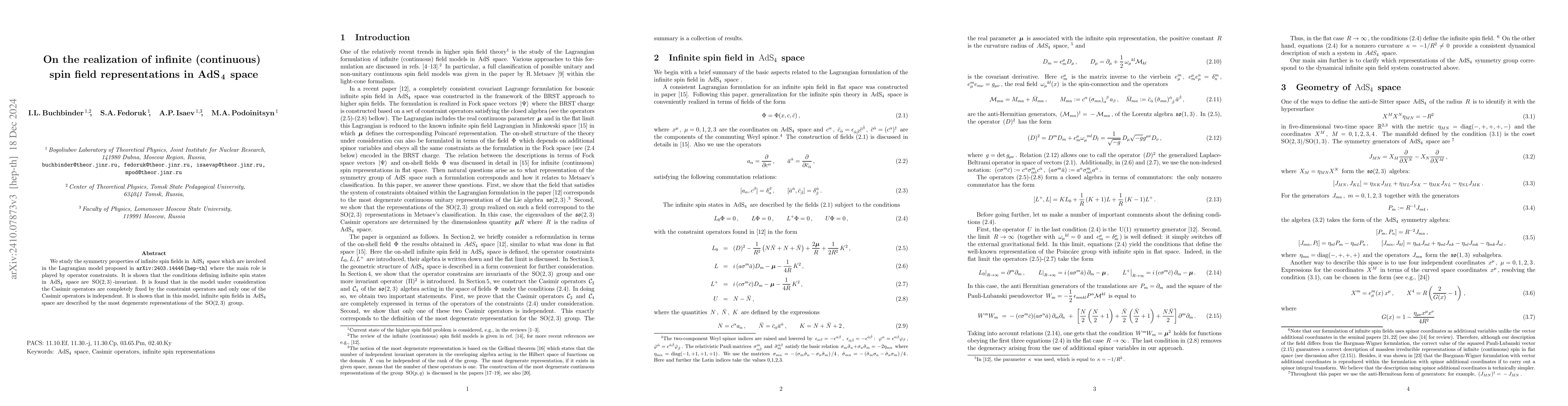Thumbnail for On the realization of infinite (continuous) spin field representations
  in AdS${}_{\mathbf{4}}$ space