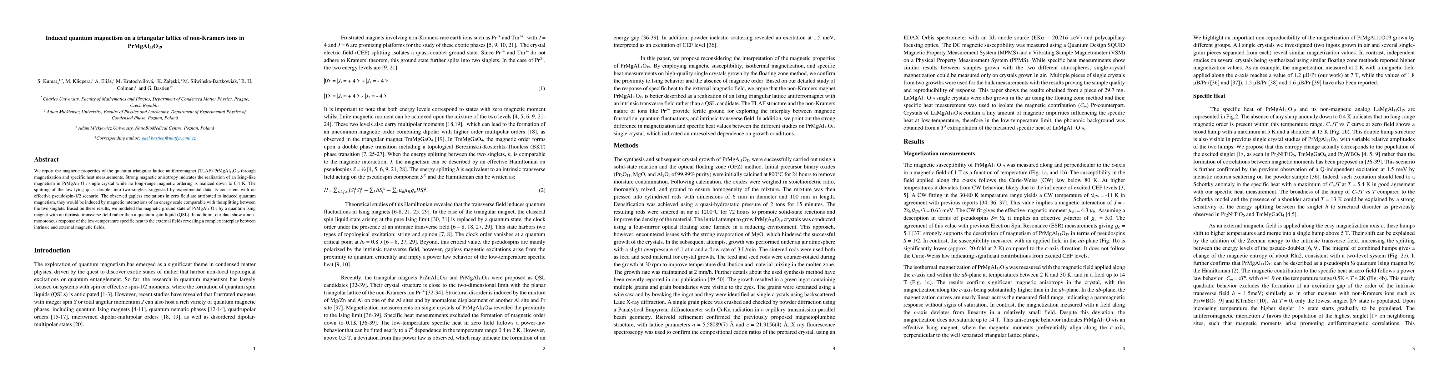 Thumbnail for Induced quantum magnetism on a triangular lattice of non-Kramers ions in
  PrMgAl11O19