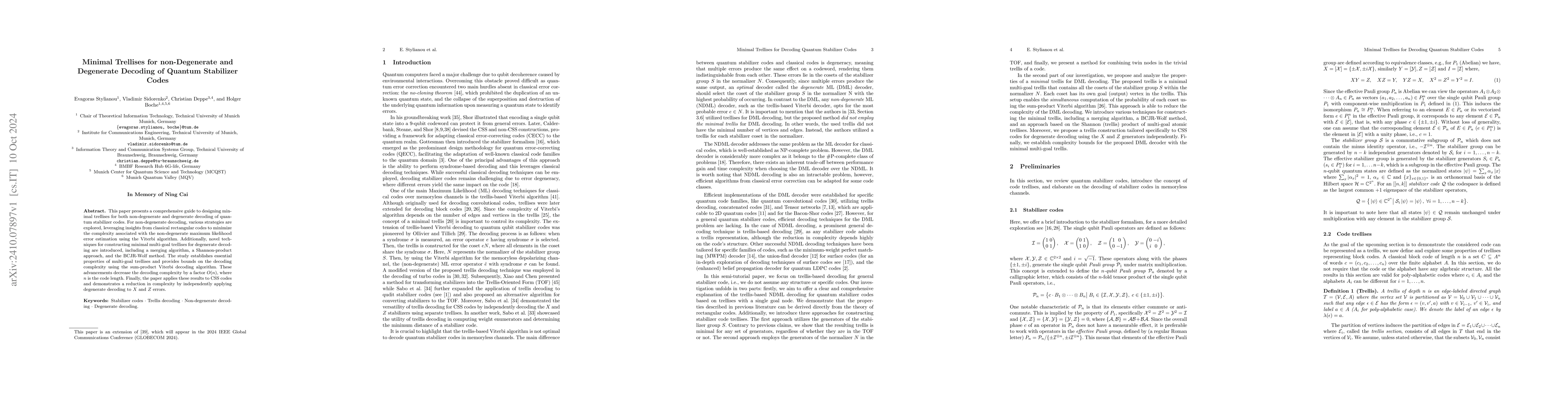 Thumbnail for Minimal Trellises for non-Degenerate and Degenerate Decoding of Quantum
  Stabilizer Codes