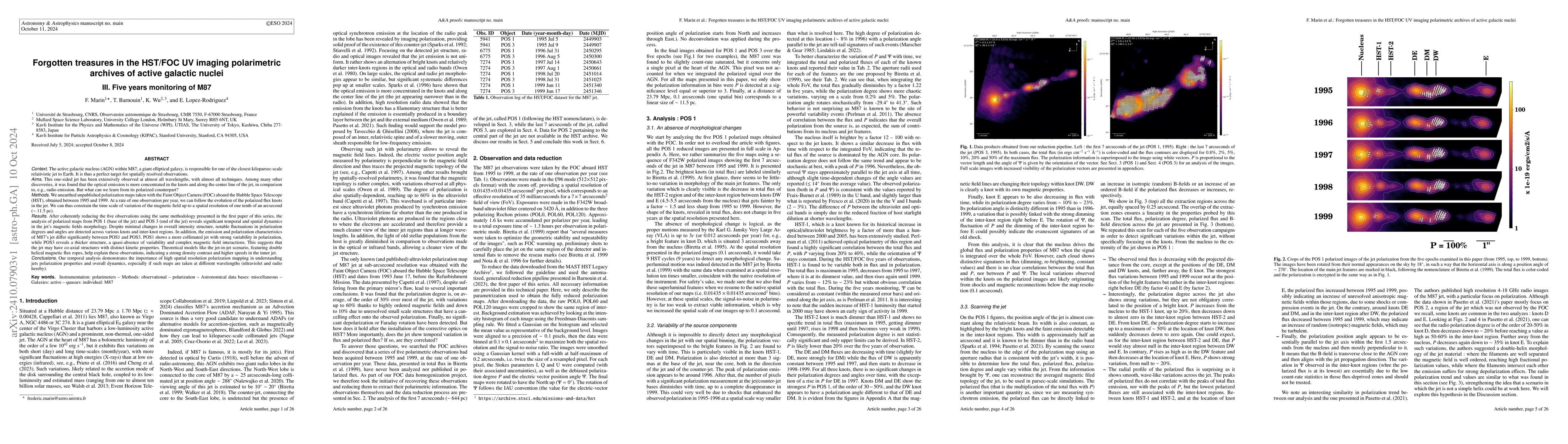 Thumbnail for Forgotten treasures in the HST/FOC UV imaging polarimetric archives of
  active galactic nuclei III. Five years monitoring of M87
