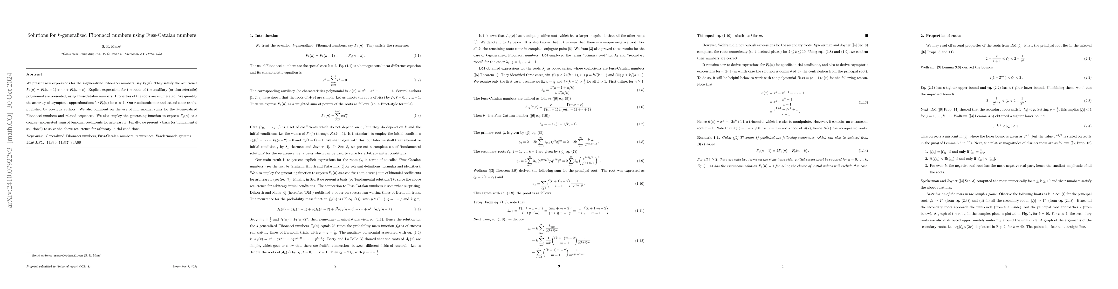 Thumbnail for Solutions for $k$-generalized Fibonacci numbers using Fuss-Catalan
  numbers