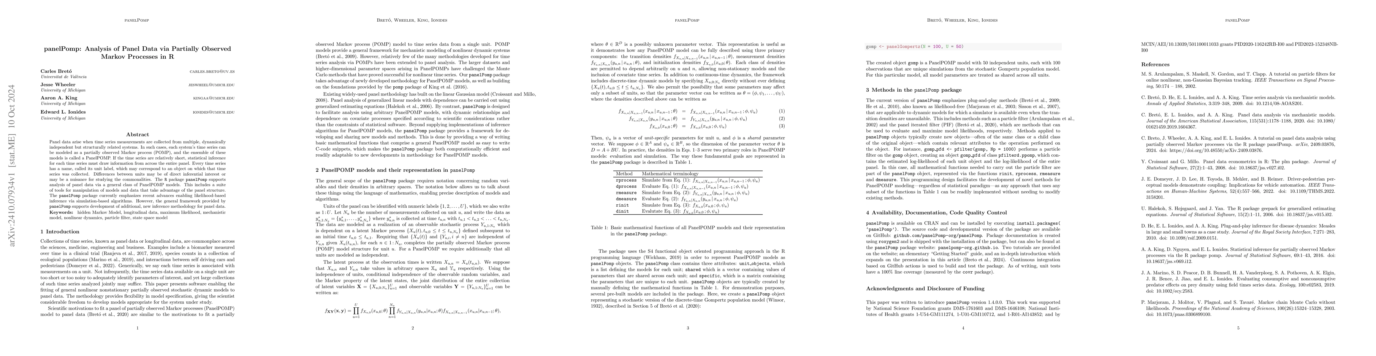 Thumbnail for panelPomp: Analysis of Panel Data via Partially Observed Markov
  Processes in R