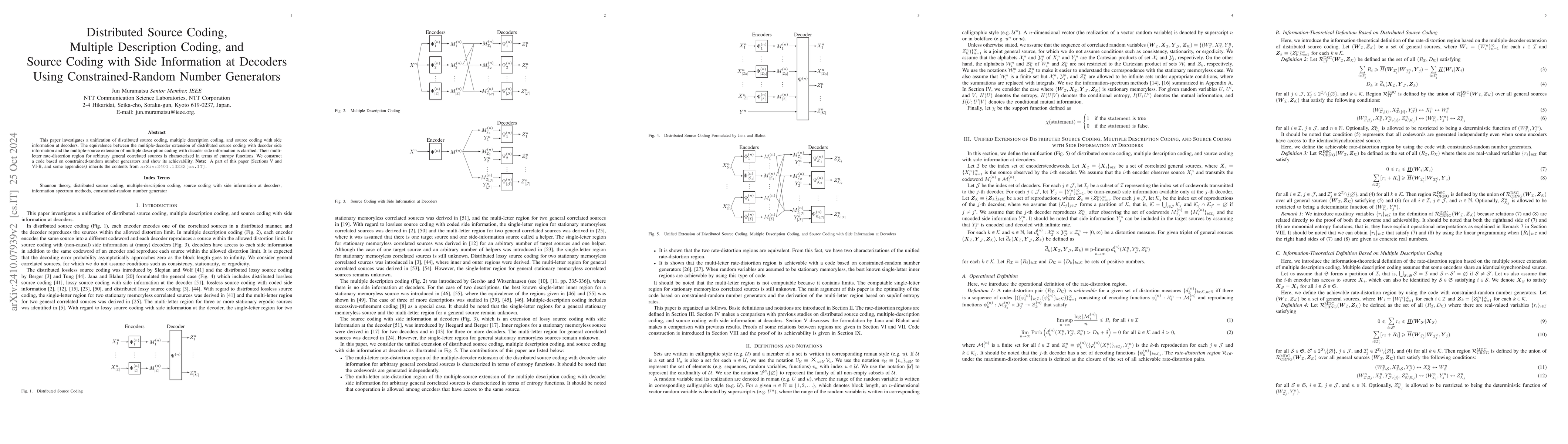 Thumbnail for Distributed Source Coding, Multiple Description Coding, and Source
  Coding with Side Information at Decoders Using Constrained-Random Number
  Generators