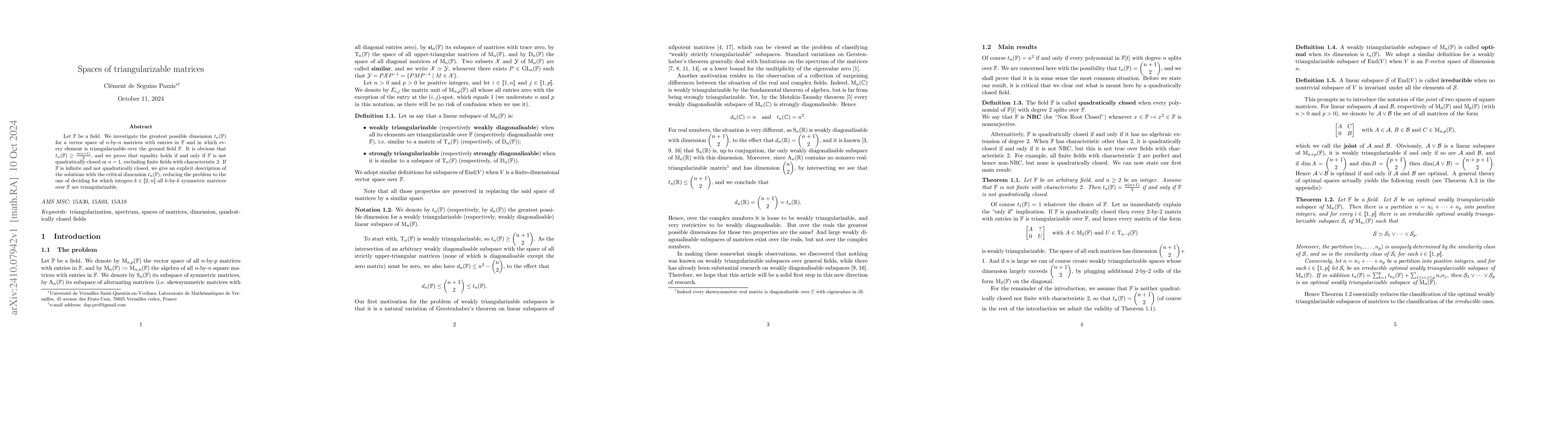 Thumbnail for Spaces of triangularizable matrices