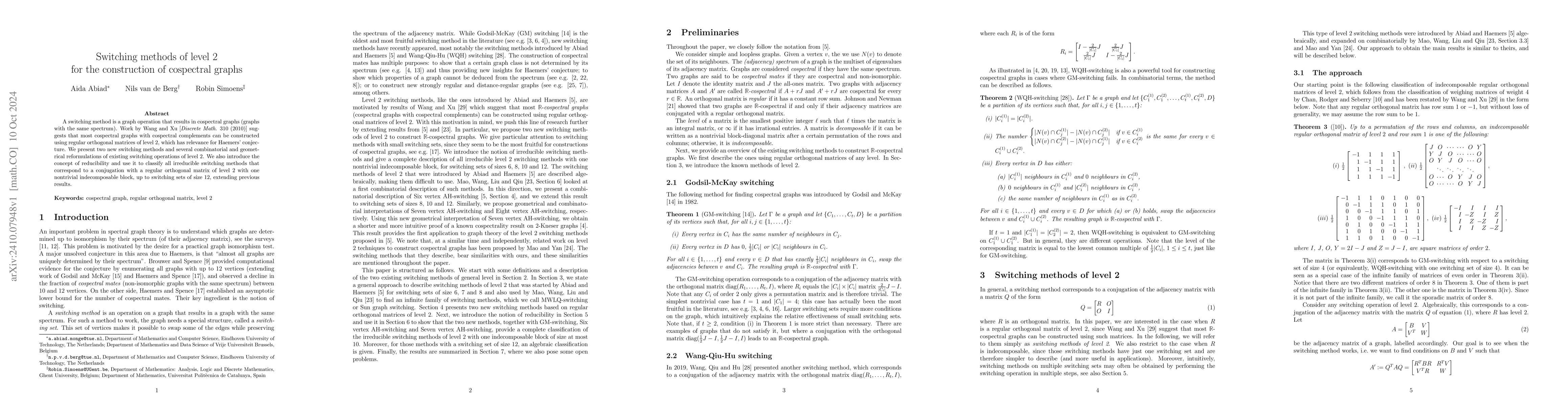 Thumbnail for Switching methods of level 2 for the construction of cospectral graphs