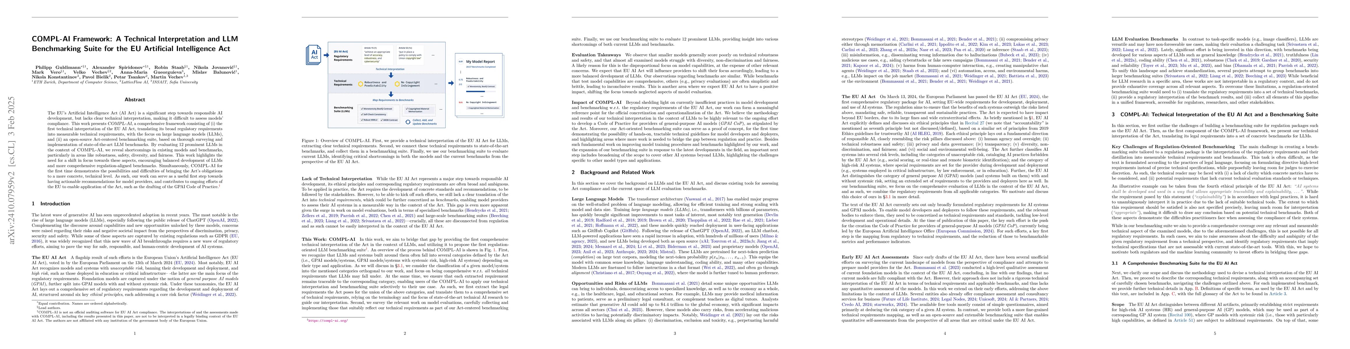 Thumbnail for COMPL-AI Framework: A Technical Interpretation and LLM Benchmarking
  Suite for the EU Artificial Intelligence Act