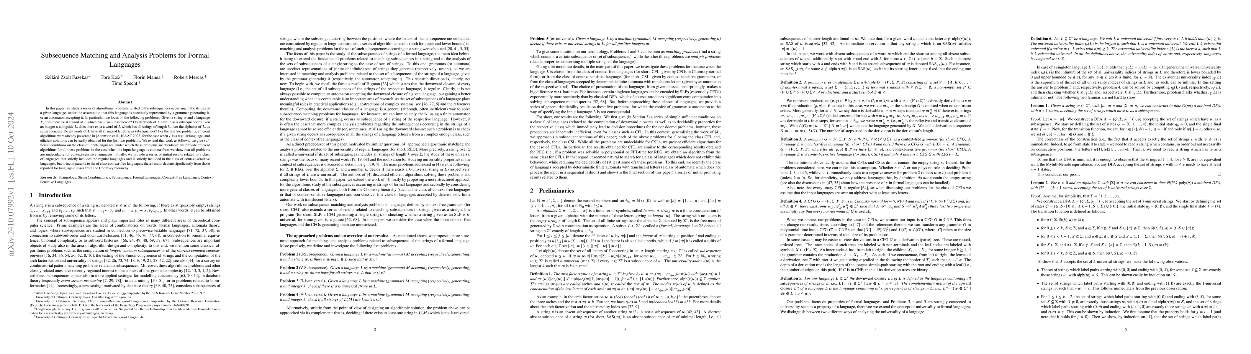 Thumbnail for Subsequence Matching and Analysis Problems for Formal Languages
