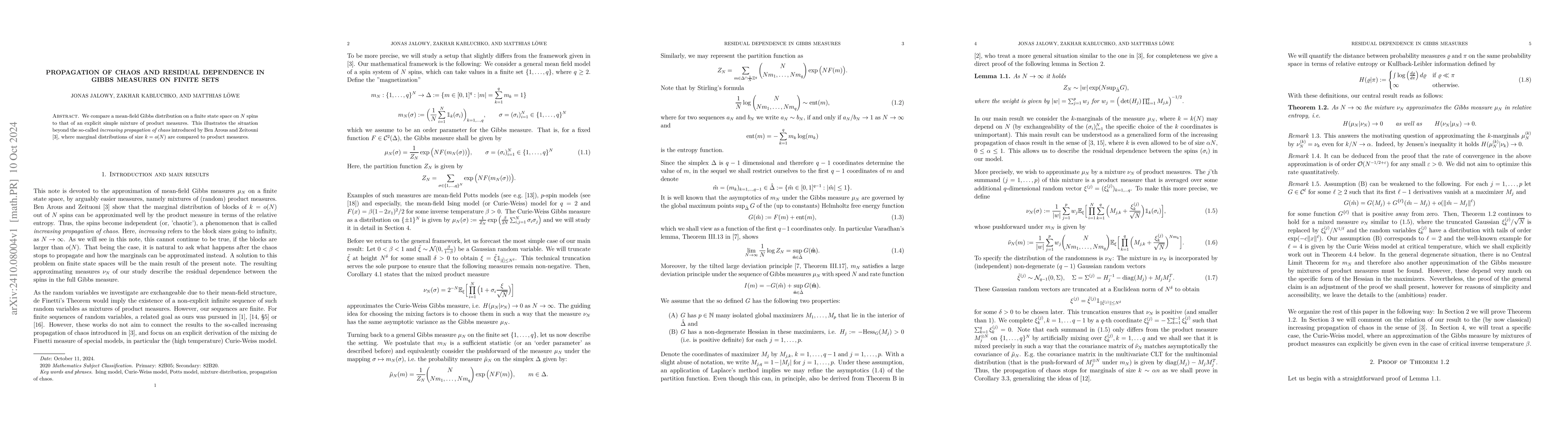 Thumbnail for Propagation of chaos and residual dependence in Gibbs measures on finite
  sets