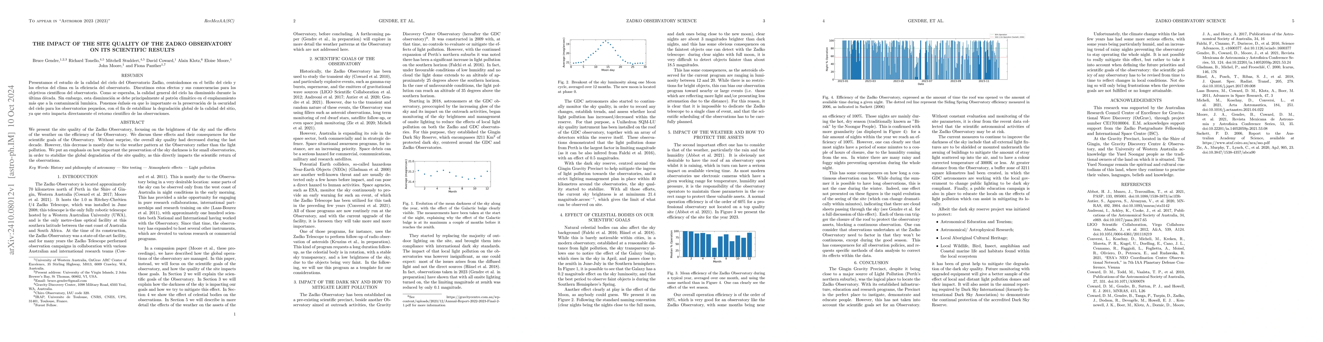 Thumbnail for The impact of the site quality of the Zadko Observatory on its
  scientific results