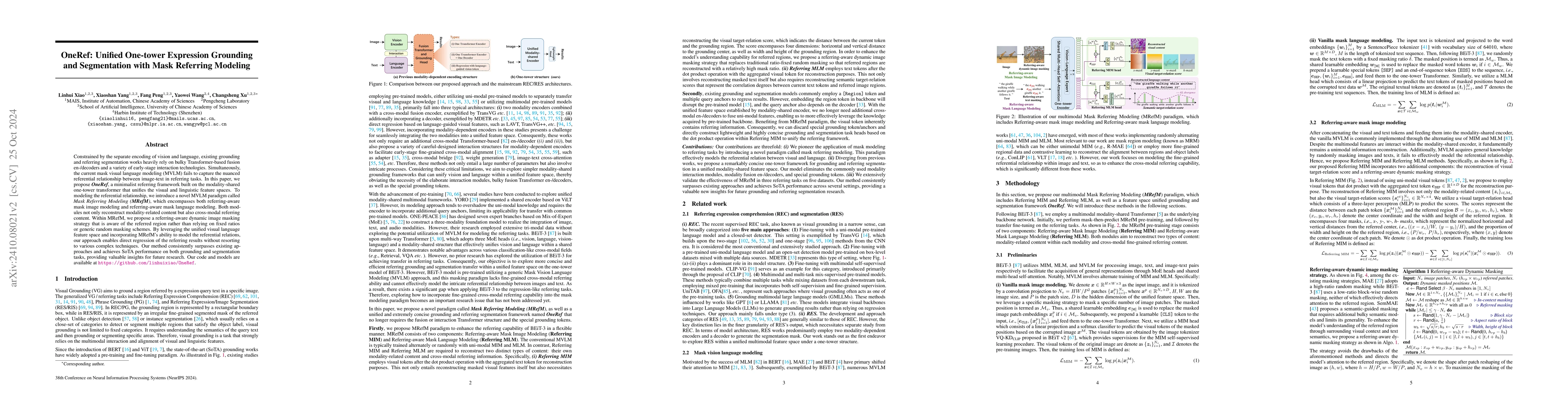 Thumbnail for OneRef: Unified One-tower Expression Grounding and Segmentation with
  Mask Referring Modeling