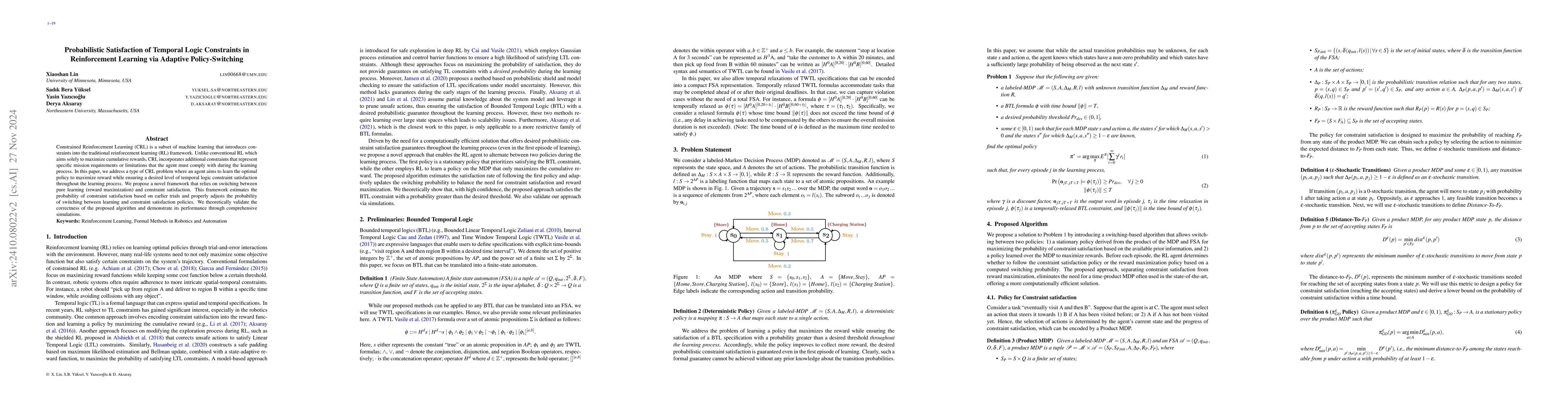 Thumbnail for Probabilistic Satisfaction of Temporal Logic Constraints in
  Reinforcement Learning via Adaptive Policy-Switching