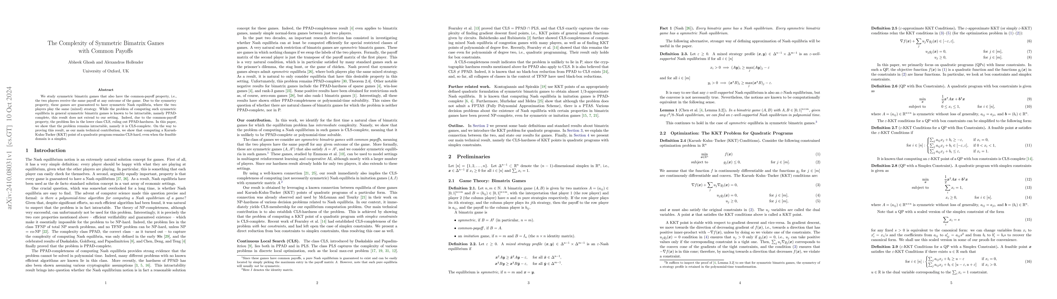Thumbnail for The Complexity of Symmetric Bimatrix Games with Common Payoffs