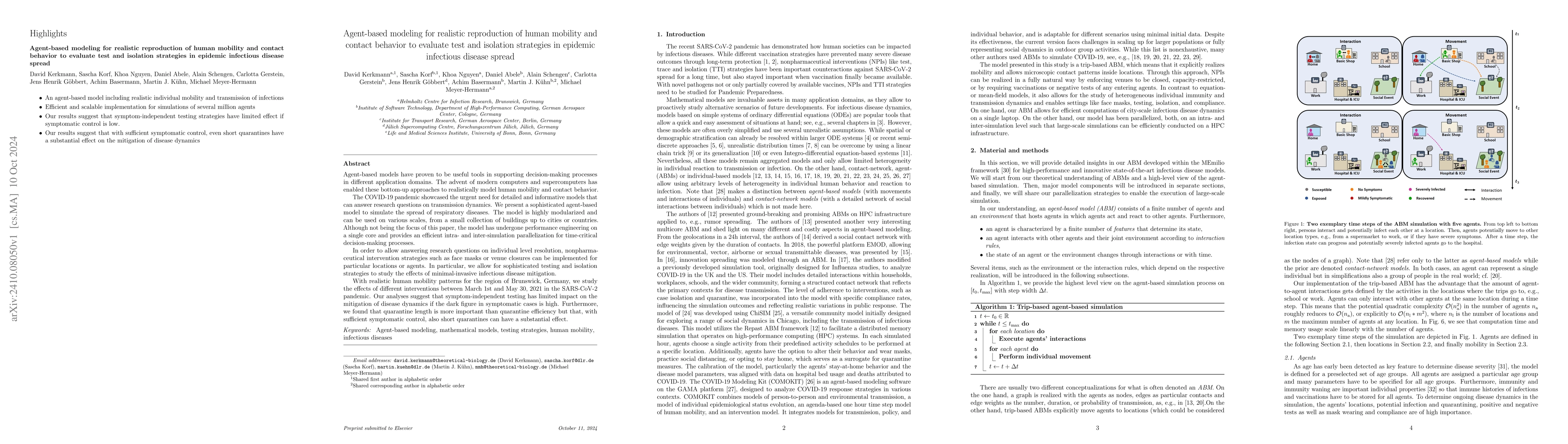 Thumbnail for Agent-based modeling for realistic reproduction of human mobility and
  contact behavior to evaluate test and isolation strategies in epidemic
  infectious disease spread
